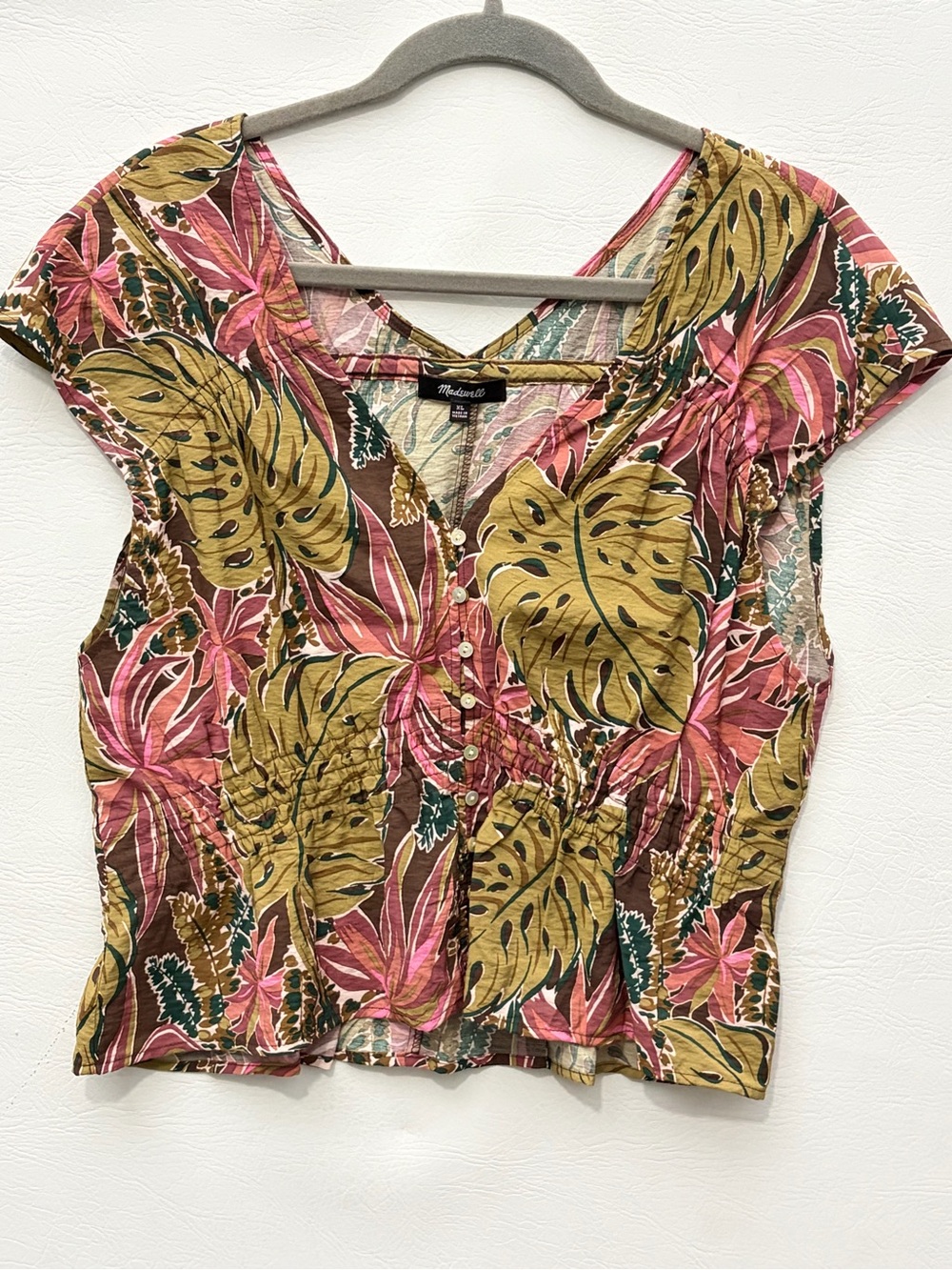 Madewell Tropical Button Shirred Cap-Sleeve Top in Brushstroke Monstera XL - Picture 4 of 14